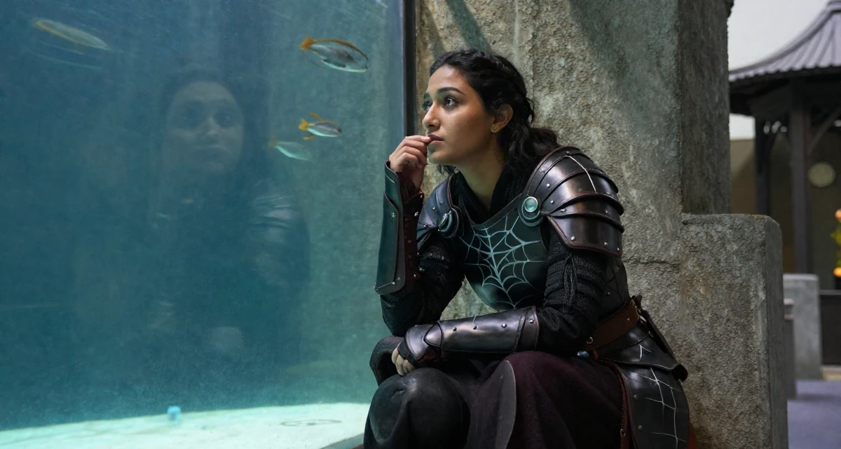 A pensive Female Grew up in Saudi Arabia, studied visual merchandising in their 37, creating a slow-living lifestyle in the suburbs, wearing a dark elf leather armor with spiderweb motifs, holding a hat in a aquarium tunnel.