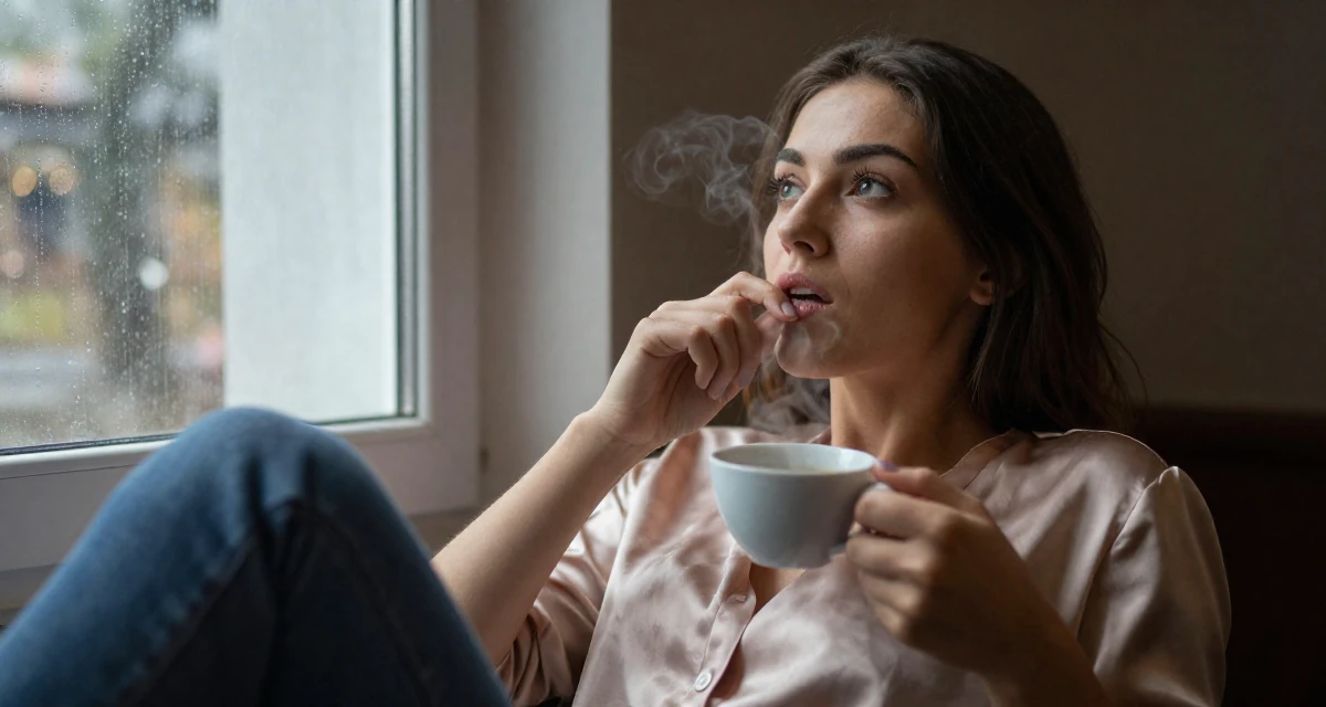 A eager Female From Kyrgyzstan, majored in public health in their 21, planning a gap year to escape reality, wearing a soft silk blouse and jeans, biting a lip thoughtfully in a dungeon cell.