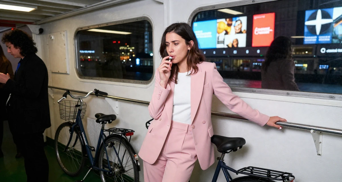 A bashful Female From Switzerland, based in Geneva, graduated from a local university majoring in communication management in their 25, building confidence through small achievements, wearing a tailored pantsuit in pastel pink with a white top, humming a tune visually in a ferry deck.