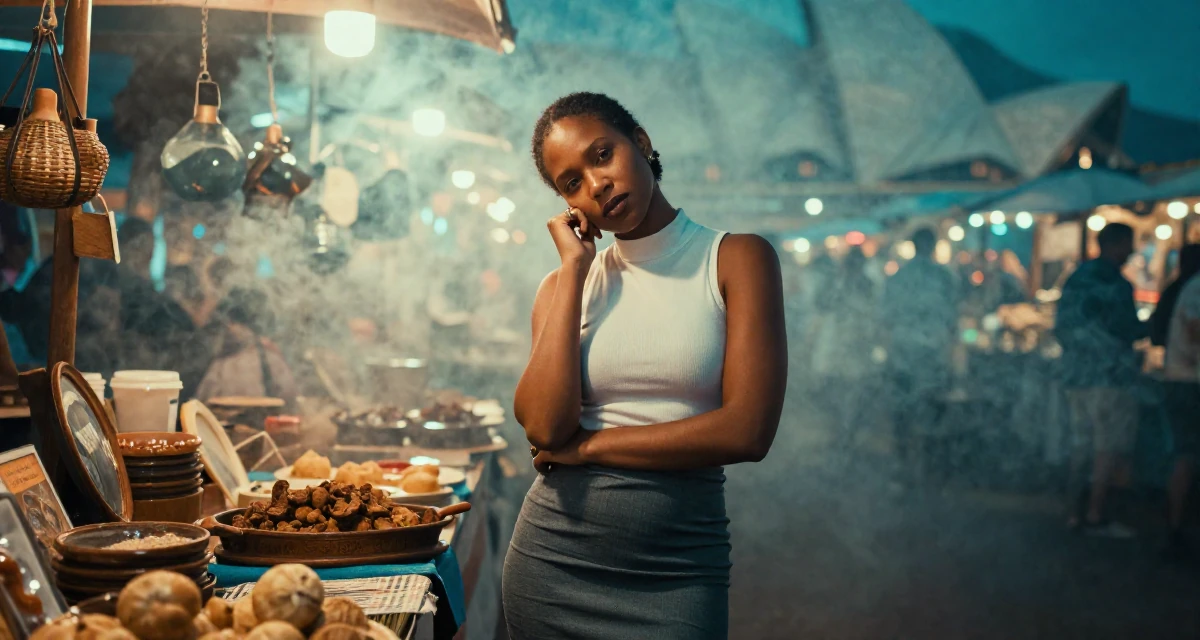 A lazy Female From Cape Town South Africa, learned outdoor modeling and posing in their 22, dealing with loneliness because creator life is misunderstood, wearing a mock neck sleeveless top and a pencil skirt, playing with a ring on a finger in a night market stall.