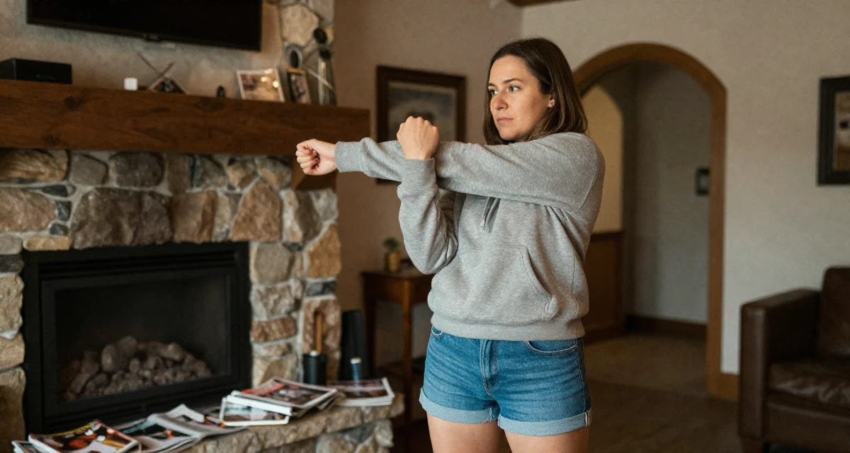 A timid Female Former small-town teacher, now exploring expressive photography in their 33, documenting a weight loss and health journey, wearing a casual hoodie and denim shorts, glancing over the shoulder in a ski lodge fireplace.