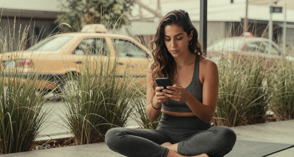 A relaxed and observant Female From Colombia, based in Cali, graduated from a local arts school majoring in glam-focused digital media in their 37, trying to stabilize income streams, wearing a modern grunge aesthetic, reading a text message in a yoga studio.