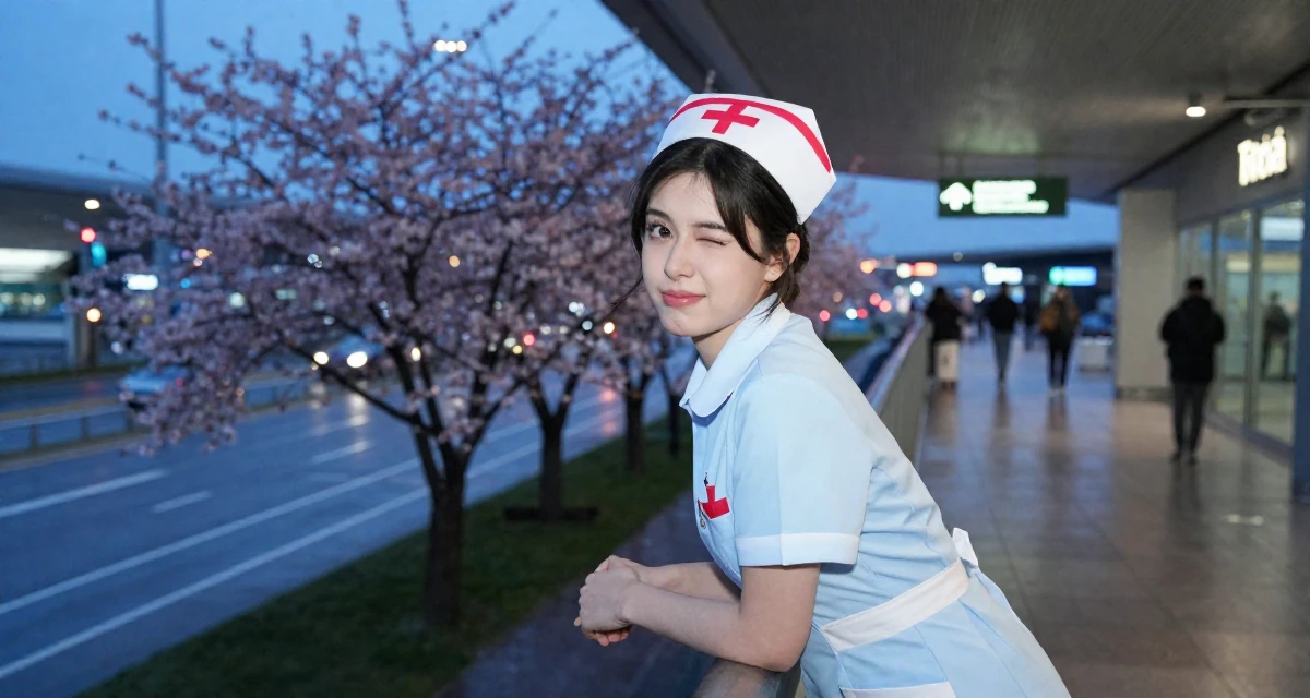 A curious and focused Female From Portugal, based in Faro, graduated from a media institute majoring in stylish audiovisual curation in their 22, adapting to the shift from school to full-time work, wearing a nurse cosplay uniform with a stylized cap, winking playfully in a airport terminal.