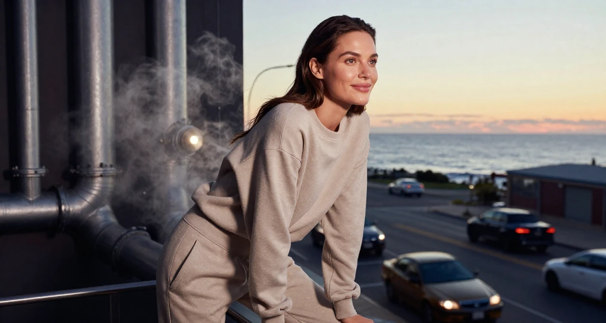 A smiling gently Female Raised in Canada, majored in fine arts in their 34, exuding quiet confidence and authority, wearing a relaxed jogger and sweatshirt combo, watching traffic pass by in a home interior.