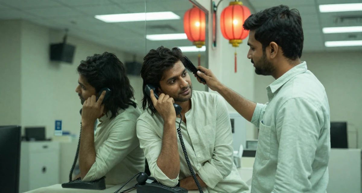 A gentle male From India, studied biotechnology in their 37, mentoring younger creatives in the industry, wearing a soft pastel-colored ensemble, brushing hair away from the face in a cinema lobby.