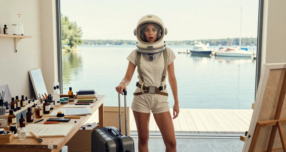 A stunned Female From France, trained in perfumery and chemistry in their 33, embracing a solo travel lifestyle, wearing a retro sci-fi space girl outfit with a bubble helmet, polling a luggage handle in a messy artist studio.