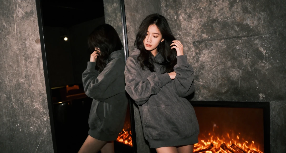 A placid Female From Nanjing China, graduated with a finance major in their 32, urban explorer finding beauty in the city, wearing a oversized hoodie worn as a dress, brushing hair away from the face in a dimly lit jazz bar.