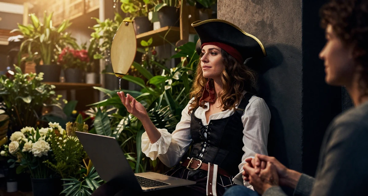 A subtly confident Female From Finland, based in Tampere, graduated from a tech university majoring in human-centered design in their 26, juggling real-life chaos with online expectations, wearing a pirate captain outfit with a corset and tricorn hat, holding hands with someone unseen in a flower shop.