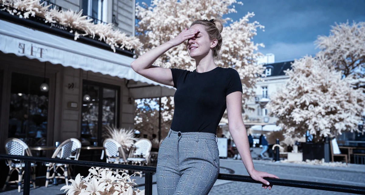 A open and honest Female From Bergen Norway, studied business economics in their 25, balancing hard work with luxury self-care, wearing a grey plaid trousers and a fitted black tee, covering eyes from the sun in a yoga studio.