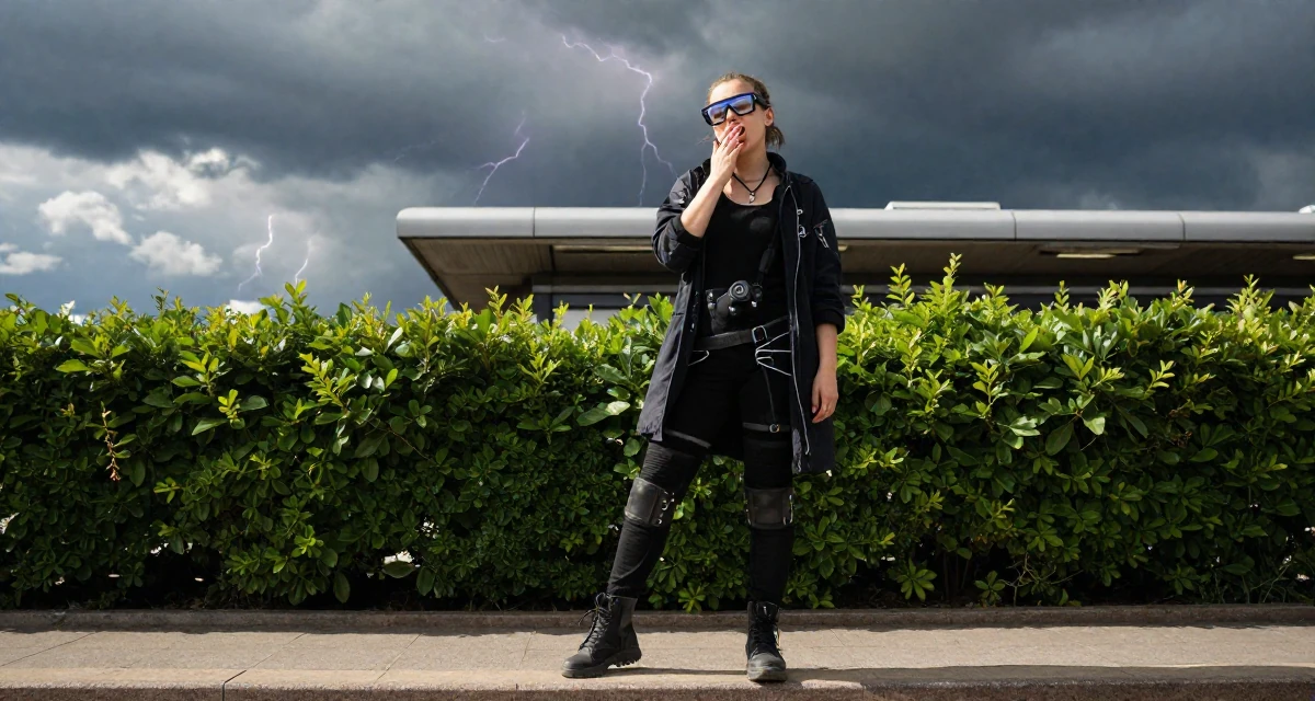 A contented Female From Ukraine, based in Odessa, graduated from a design academy majoring in aesthetic content creation in their 23, learning to rebuild after severe drops in engagement, wearing a cyberpunk hacker outfit with oversized tech glasses, stifling a yawn in a subway station.