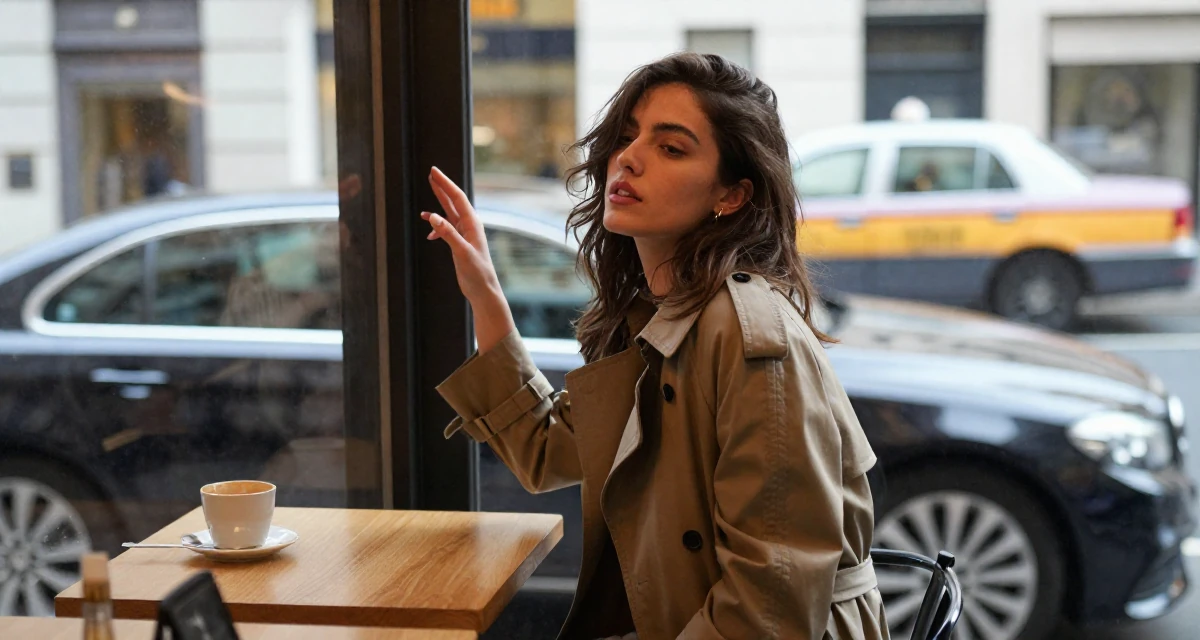 A unbothered Female Previous dental assistant, now exploring body-empowerment narratives in their 23, learning to express sensuality without crossing personal limits, wearing a stylish trench coat over basics, checking a reflection in a window in a cozy café.