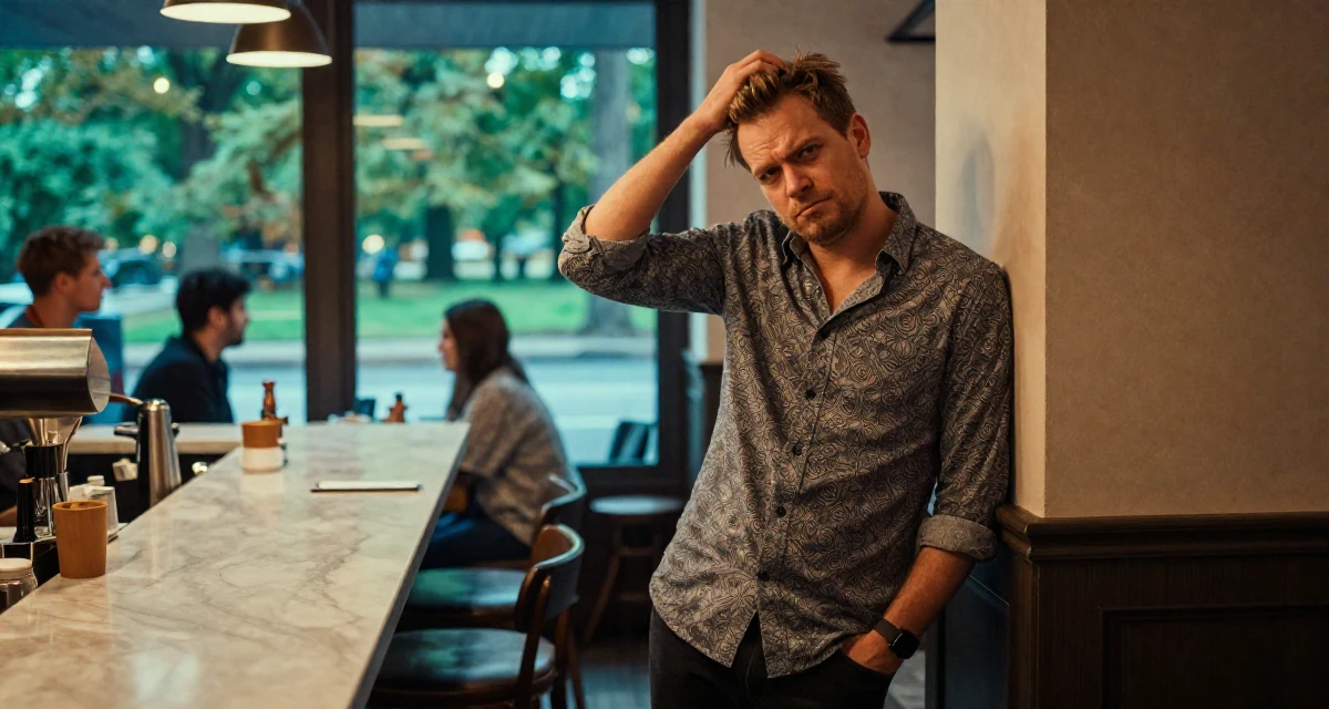 A arrogant male From Finland, studied agricultural economics in their 25, learning boundaries the hard way from pushy fans, wearing a relaxed fit patterned shirt, scratching the head in confusion in a cozy café.