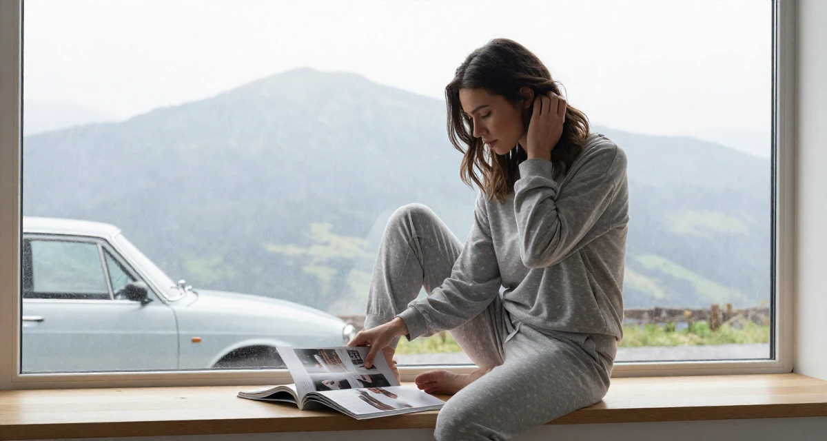 A soft Female From Hungary, based in Debrecen, graduated from a fashion program majoring in bold thematic styling in their 25, learning lighting tricks that highlight sensual curves safely, wearing a comfortable lounge wear set, flipping through a magazine in a rainy window seat.