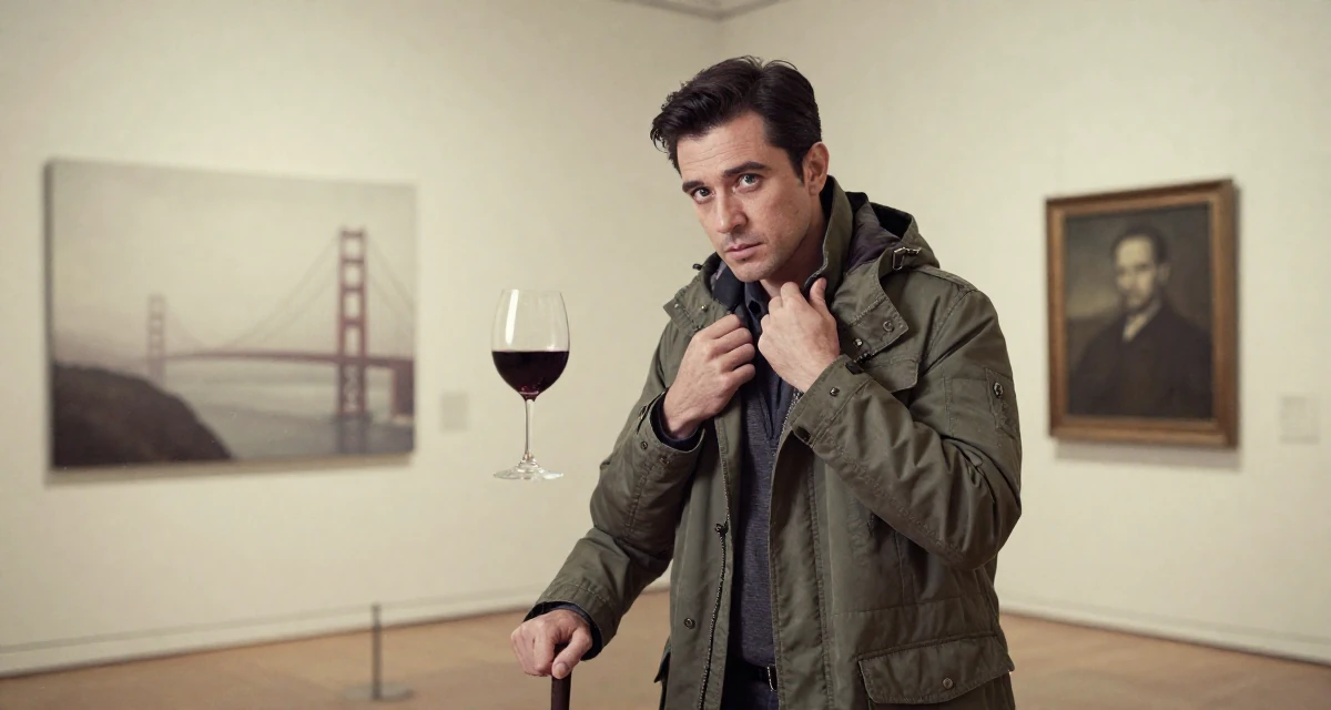 A mysterious male From Malaysia, majored in international business in their 32, focusing on health and longevity habits, wearing a stylish parka jacket, adjusting a collar in a art gallery hall.