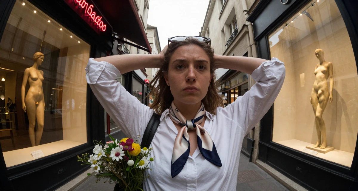 A impatient Female From Paris France, studied artistic nude photography as a creative discipline in their 22, realizing their parents were right about sleep, wearing a silk scarf tied around the neck of a white shirt, holding a bouquet in a arcade room with neon lights.