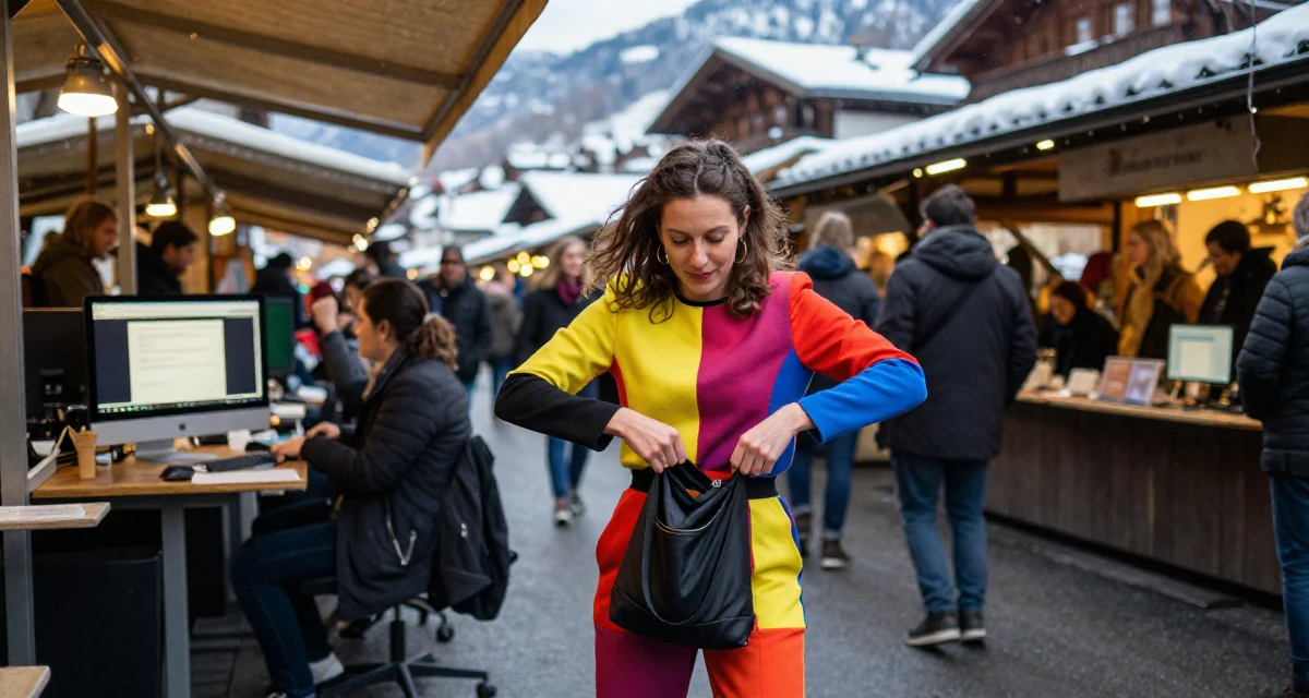 A happy Female From Belgium, studied film production in their 22, navigating the confusing world of office politics, wearing a bold color-block outfit, zipping up a bag in a bustling market.