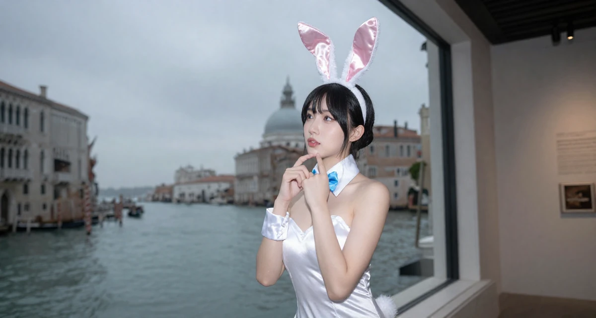 A lonely Female From Chinese-speaking regions, studied petroleum economics in their 25, realizing fans respond to confident playful energy, wearing a playful bunny girl costume with satin ears and cuffs, touching the chin thoughtfully in a museum exhibit.
