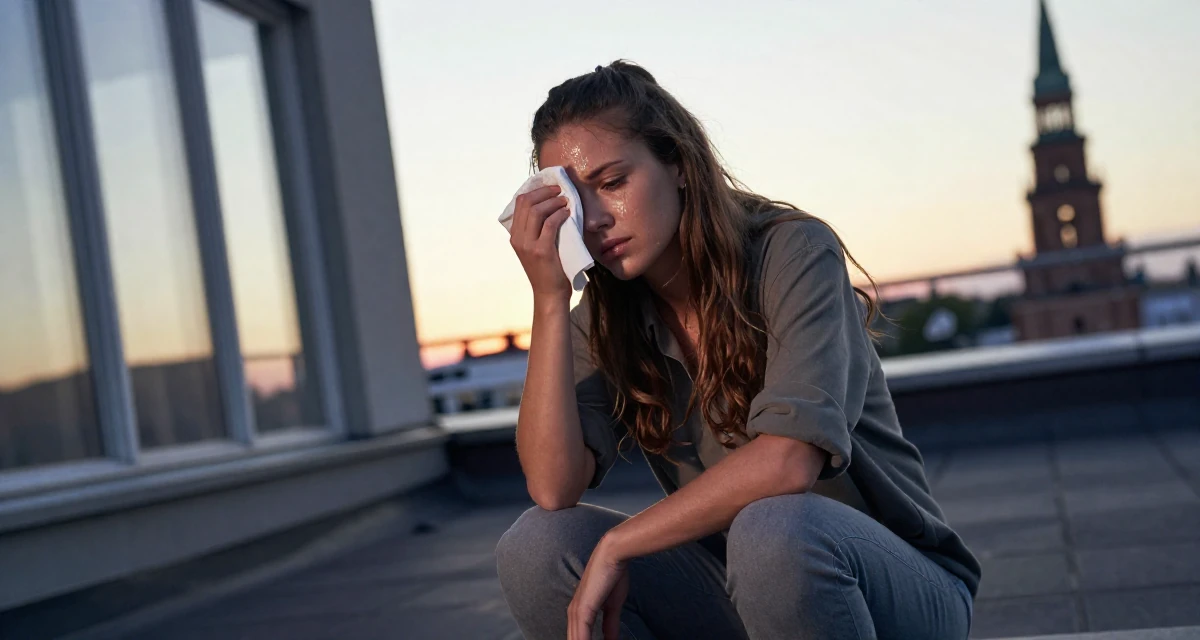 A troubled Female From Finland, studied applied linguistics in their 25, over the drama of early 20s nightlife, wearing a comfortable urban casual outfit, wiping sweat from the brow in a rooftop terrace at sunset.