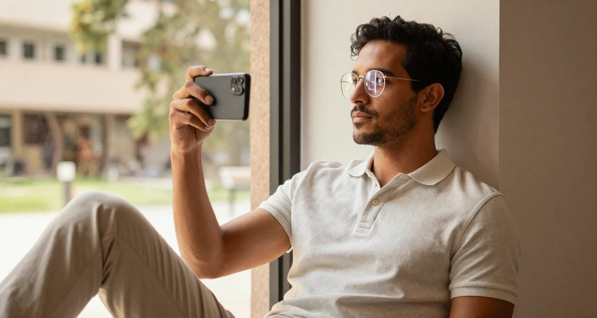 A reflective male From Uruguay, studied anthropology in their 46, sharing elegant fashion tips for the office, wearing a clean, neutral-toned casual outfit, taking a photo in a university campus.