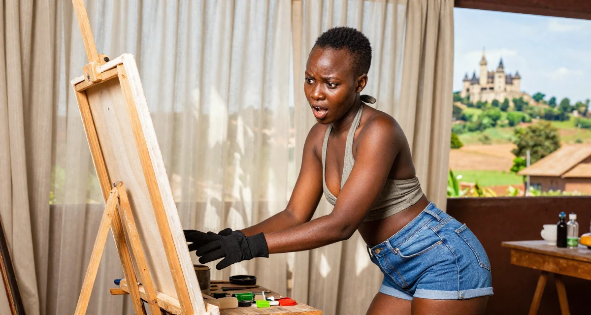 A suspicious Female From Uganda, majored in telecommunication engineering in their 25, excited but unsure about how to grow first followers, wearing a backless halter top and denim shorts, putting on a glove in a artist workshop.