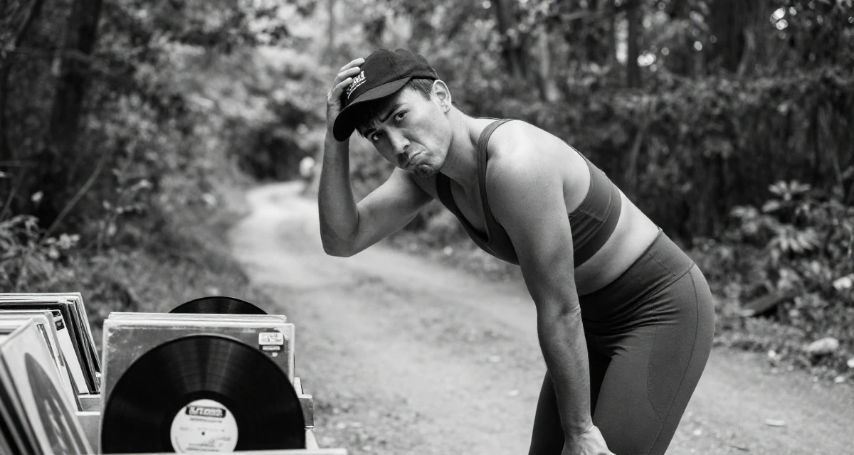A pouting male From United States, studied health science in their 23, building first professional networks, wearing a form-fitting athletic set with a sports bra and leggings, tipping a hat in a forest path.