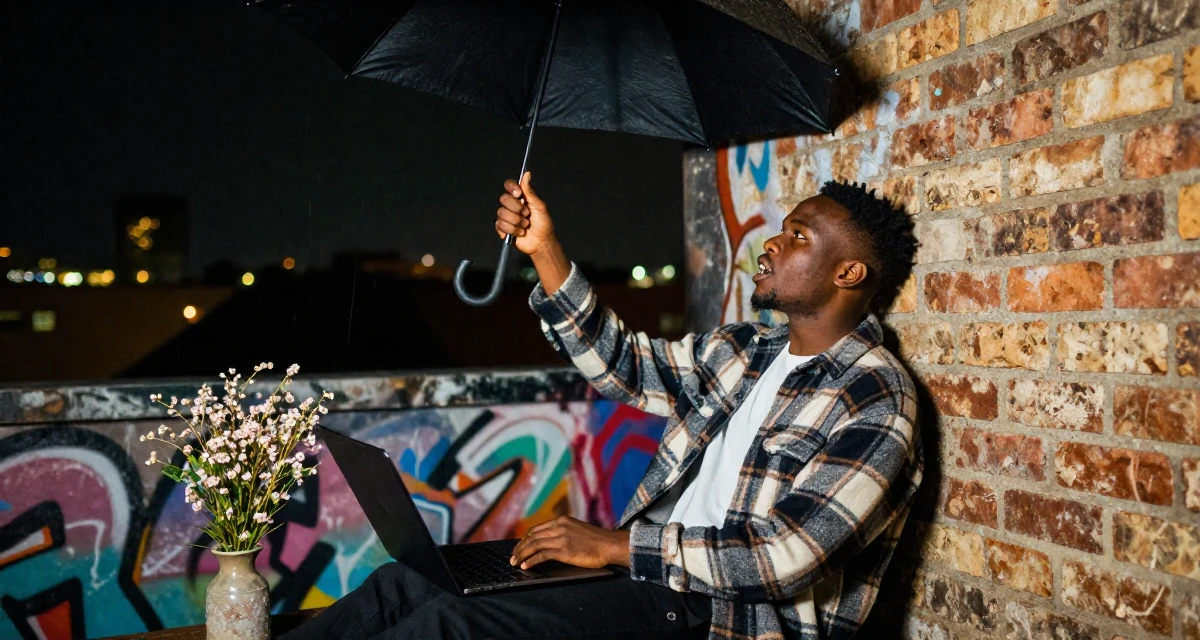 A fearless male From Ivory Coast, studied music production in their 26, sacrificing social life for editing deadlines, wearing a cozy oversized flannel, shaking rain off an umbrella in a graffiti art wall.