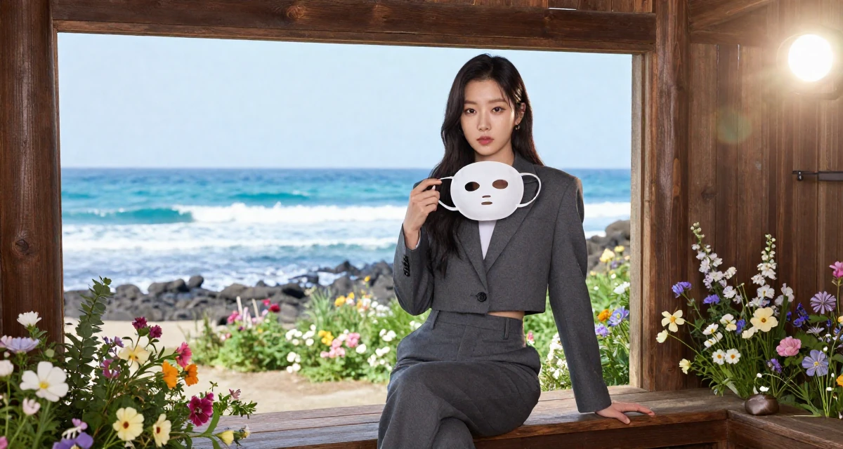 A reassured Female From South Korea, based in Jeju, graduated from a fashion school majoring in body language aesthetics in their 25, testing personal boundaries through new experiences, wearing a cropped business jacket and high-waisted pants, holding a mask (cosplay/prop) in a rustic wooden cabin interior.