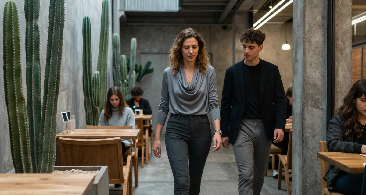 A peaceful Female From Porto Portugal, studied event management in their 45, mentoring younger colleagues, wearing a draped neckline top and fitted slacks, shivering slightly in a arcade room with neon lights.
