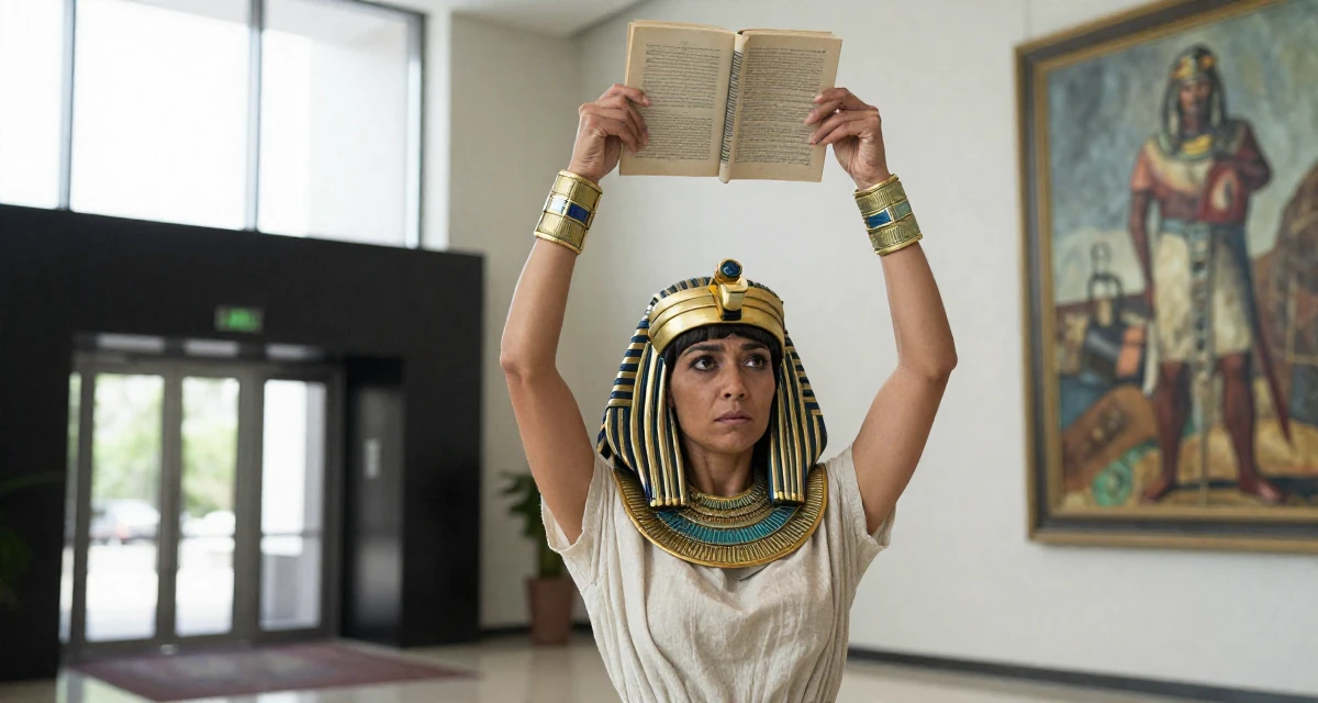 A tense Female From Mongolia, majored in history and culture in their 33, balancing softness with inner strength, wearing a egyptian queen costume with gold collar and linen, opening a book in a cinema entrance.