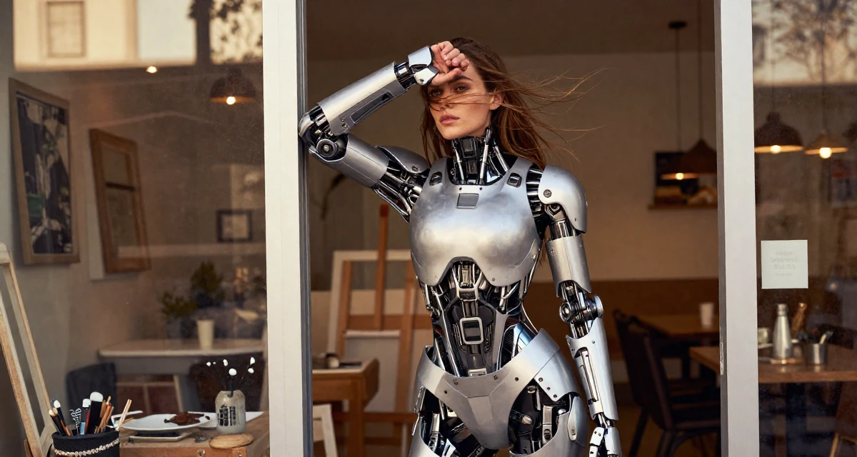 A contemplative Female From USA, studied anthropology and folklore in their 36, sharing realistic fitness routines for busy people, wearing a futuristic android body armor with exposed mechanical parts, shielding face from the wind in a messy artist studio.