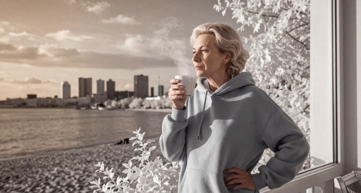 A gently serious Female From Moscow Russia, majored in linguistics in their 34, focusing on skincare and graceful aging, wearing a oversized hoodie worn as a dress, shivering slightly in a sunset beach.