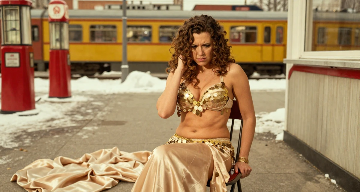 A resolute Female From Oslo Norway, majored in music technology in their 24, fighting guilt when taking a single day off, wearing a belly dancer outfit with sheer fabrics and coins, pausing mid-step in a snowy sidewalk.