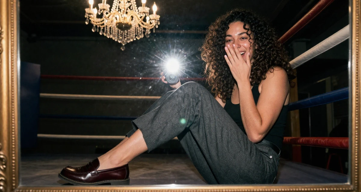 A sincere Female From United States, majored in cybersecurity in their 25, preparing for larger adult responsibilities, wearing a polished loafer and trousers look, covering a laugh with one hand in a boxing ring.