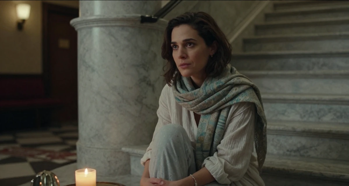 A patient Female From New York USA, studied film and television in their 27, feeling more comfortable in their own skin, wearing a light and airy spring attire, wrapping a scarf around the neck in a cinema lobby.