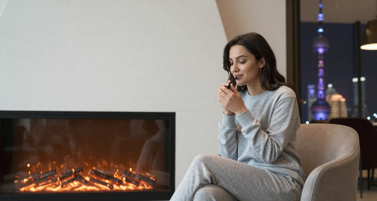 A softly smiling Female From Turkey, majored in mechatronics in their 24, facing pressure to reinvent the brand constantly, wearing a comfortable lounge wear set, humming a tune visually in a luxury hotel lobby.