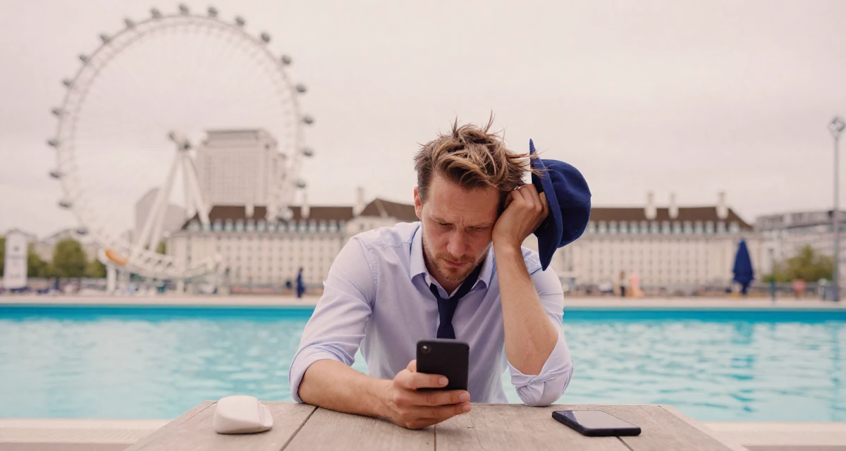 A mellow male From USA, studied marketing and consumer behavior in their 21, struggling to disconnect from social media, wearing a sharp business casual attire, holding a hat against the wind in a swimming pool.