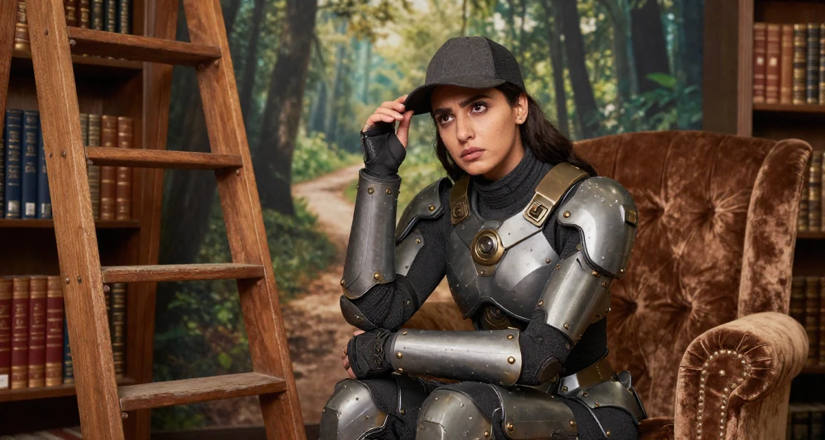 A confused Female From Abu Dhabi UAE, studied finance and banking in their 25, learning to hold eye contact through the lens, wearing a biopunk organic armor suit, holding a hat in a old library with wooden ladders.