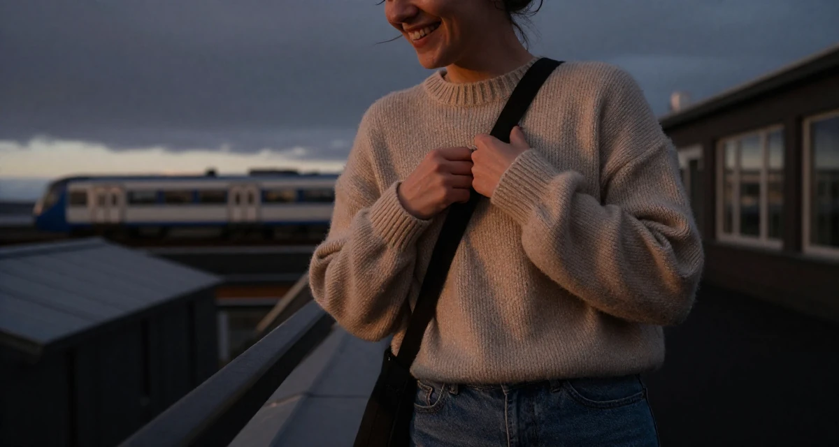 A cheerful Female From Iceland, majored in renewable energy studies in their 25, entering first serious friendships and relationships, wearing a oversized beige sweater and jeans, adjusting a shoulder strap in a rooftop terrace at sunset.
