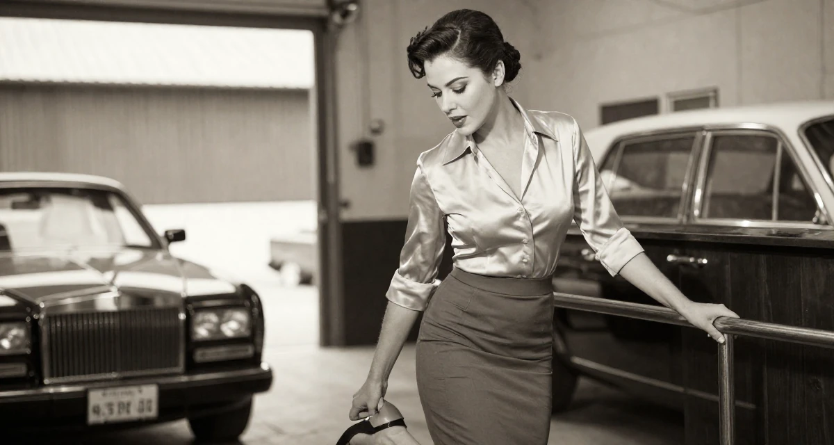 A composed Female Former receptionist at a spa, now blending wellness with creator content in their 25, stabilizing monthly income and planning long-term strategy, wearing a tight pencil skirt and a tucked-in silk blouse, grabbing a railing for support in a mechanic garage.