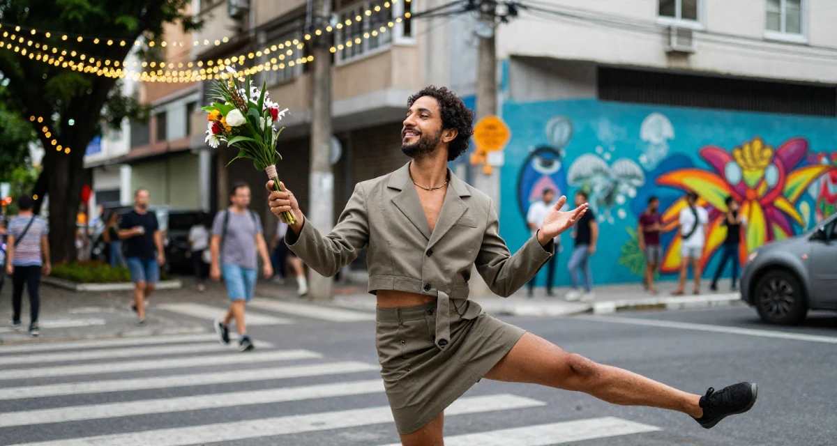 A warm male From São Paulo Brazil, studied digital entertainment in their 35, juggling co-parenting and a dating life, wearing a cropped tailored jacket and matching mini skirt, holding a bouquet in a busy intersection.