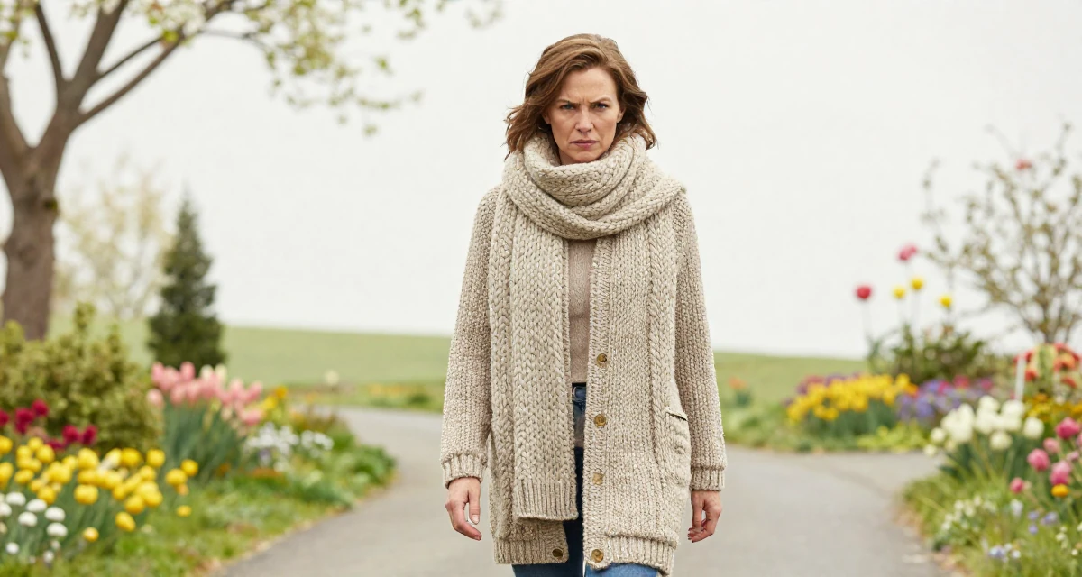 A intimidating Female From USA, has a background in real estate in their 46, fashionista proving style has no age limit, wearing a heavy knit scarf and coat, shivering slightly in a country road.