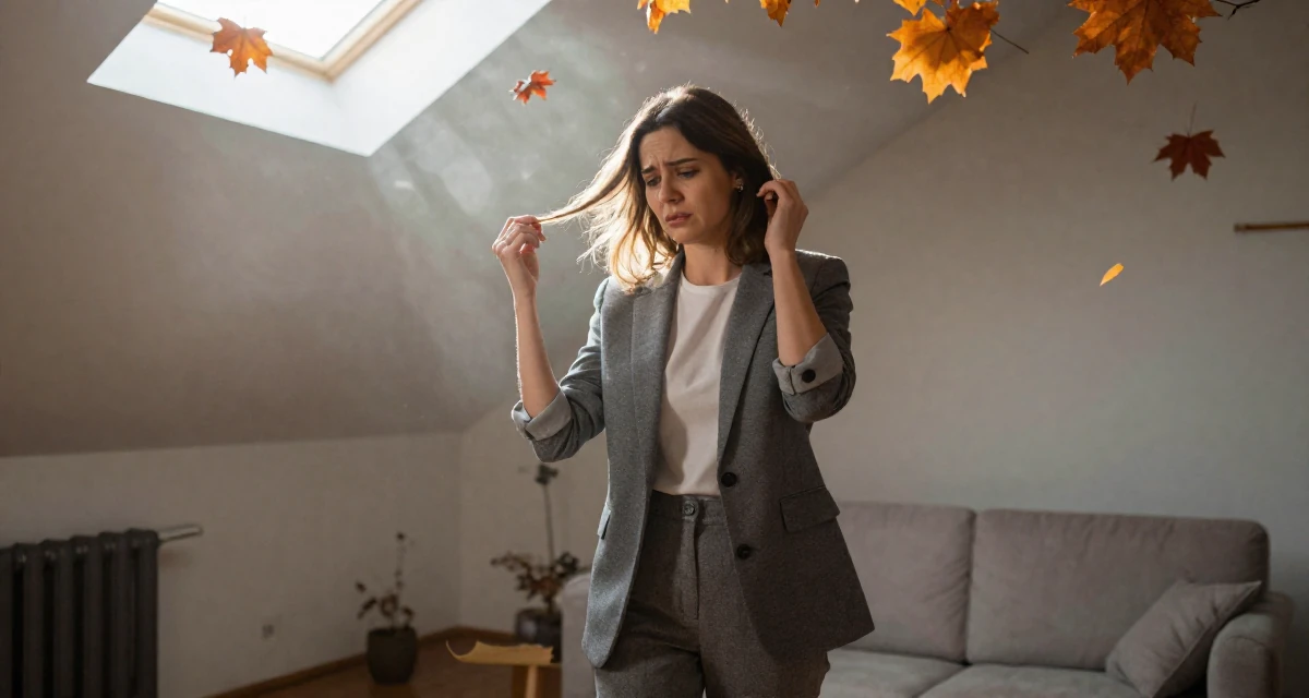 A sorrowful Female From Warsaw Poland, trained in expressive acting for camera work in their 37, navigating the world of freelance consulting, wearing a smart casual blazer ensemble, fixing a loose strand of hair in a attic room.