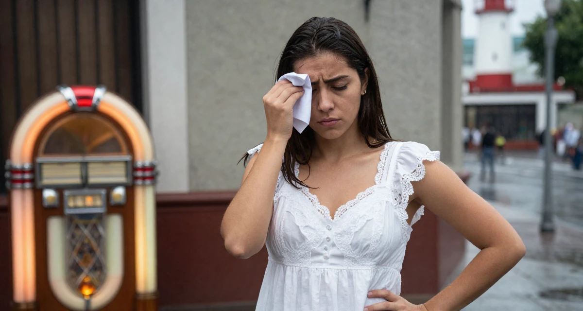 A stoic and strong Female From Guadalajara Mexico, majored in business analytics in their 22, feeling imposter syndrome in office meetings, wearing a white cotton nightgown with lace details, wiping sweat from the brow in a rainy street corner.