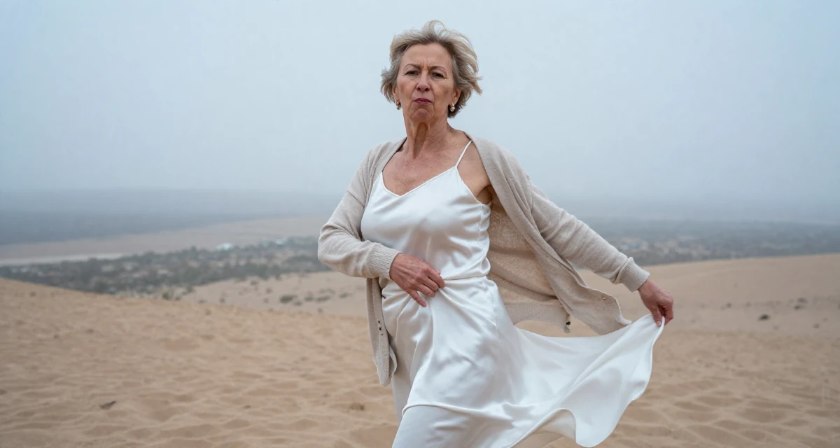 A pouting Female From Sweden, majored in industrial engineering in their 46, celebrating the confidence that comes with age, wearing a white silk camisole and a beige cardigan, smoothing down a dress in a desert landscape.