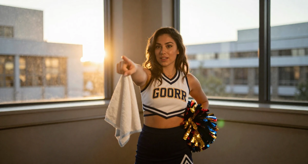 A glowing Female From Australia, studied event management in their 25, realizing no one teaches emotional labor in creator work, wearing a cheerleader uniform with a cropped top and pom-poms, holding a gym towel in a quiet library corner.