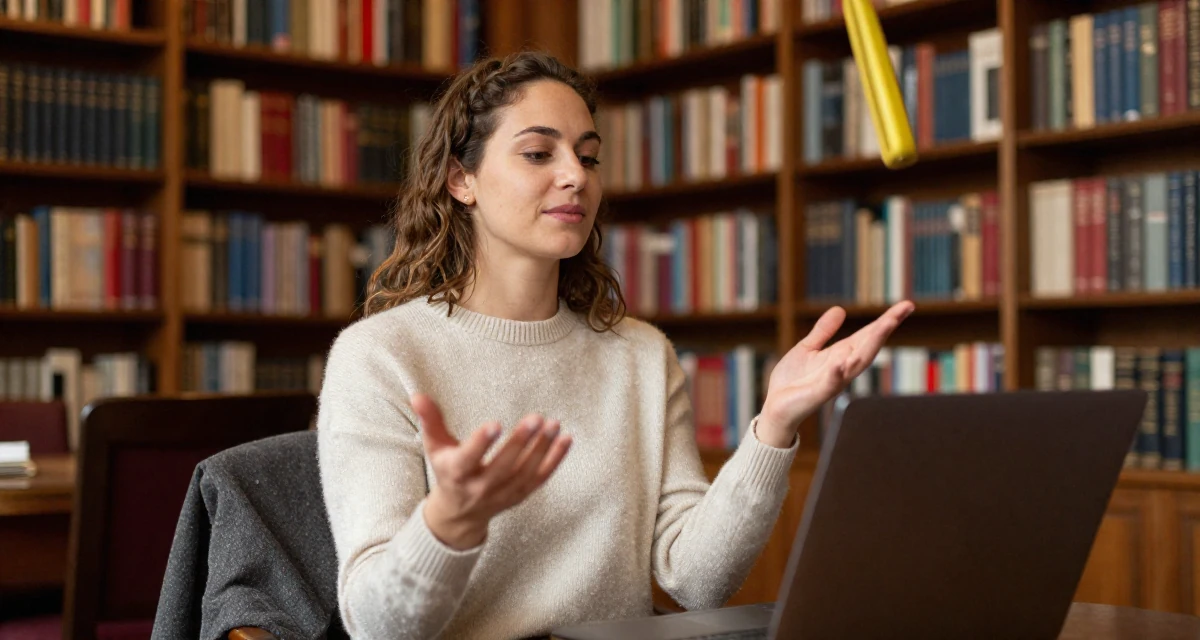 A elegant Female From Germany, has a background in psychology in their 26, juggling real-life chaos with online expectations, wearing a soft cashmere sweater look, gripping a lapel in a vintage bookstore.