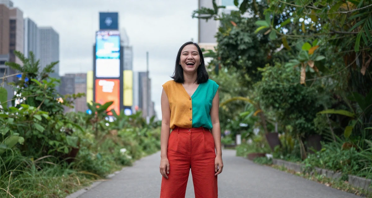 A confident and poised Female From Chiang Mai Thailand, majored in creative writing in their 25, learning resilience through financial instability, wearing a bold color-block outfit, laughing uncontrollably in a forest path.