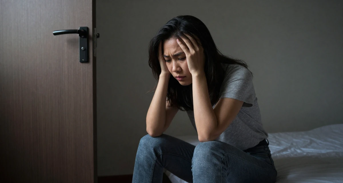 A contemplative Female From Hanoi Vietnam, practiced boudoir photography concepts in their 20, stressing over finals and future uncertainty, wearing a comfortable urban casual outfit, pushing a door open in a minimalist bedroom.