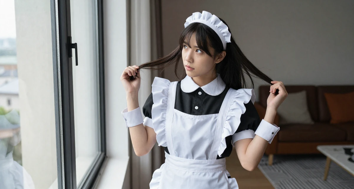 A determined Female Former geography club member, now producing exploration-themed content in their 23, taking first serious steps toward independence, wearing a maid outfit with a white apron and ruffled headband, looking out the window in a modern apartment.