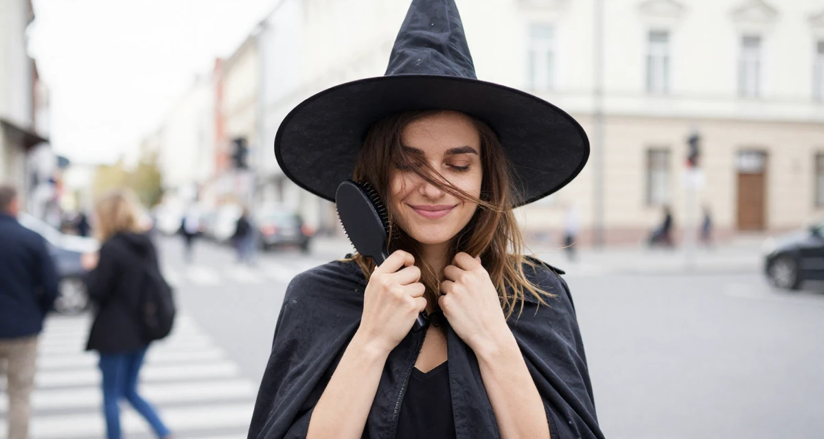 A blissful Female From Ukraine, studied software engineering in their 28, investing in high-quality lifestyle upgrades, wearing a classic witch costume with a wide-brimmed hat, brushing hair away from the face in a busy intersection.